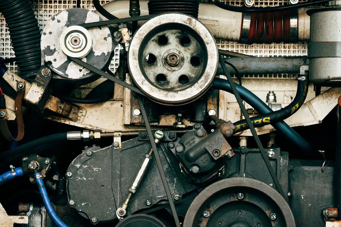 Tehergépjármű-dízelmotor közelről, szíjtárcsákkal és tömlőkkel